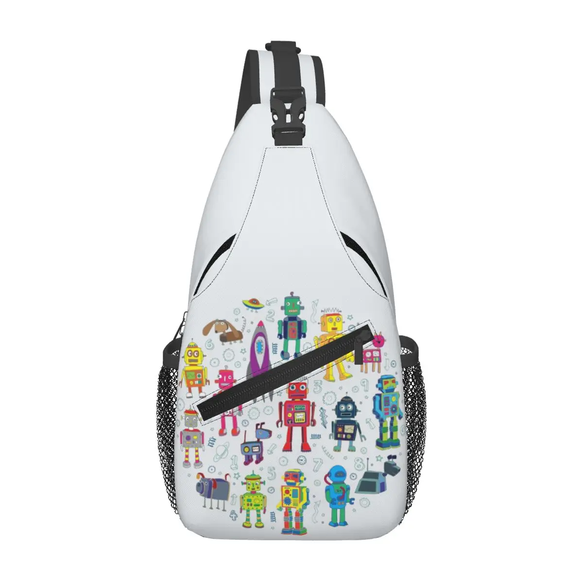 Robots In Space Grey - Fun Robot Pattern By Cecca Designs Chest Bag Men Sling Crossbody Backpack Chest Bag Daypack Shoulder Bag