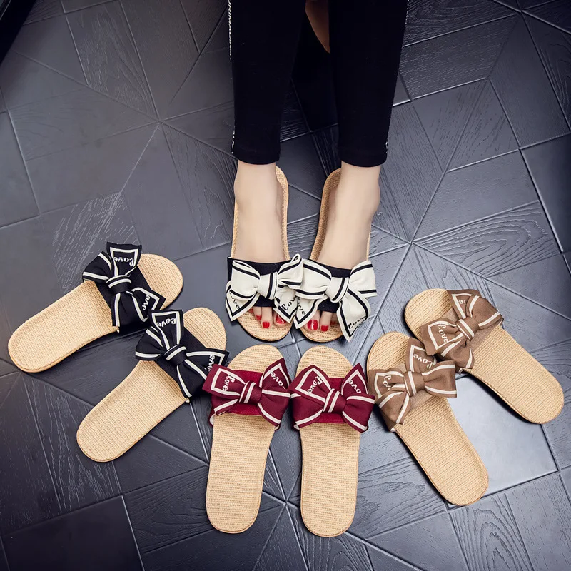 Mntrerm große Schleife Hausschuhe Indoor rutsch feste Hausschuhe weichen Boden Viskose Leinen Sandalen und Hausschuhe – Detail 11