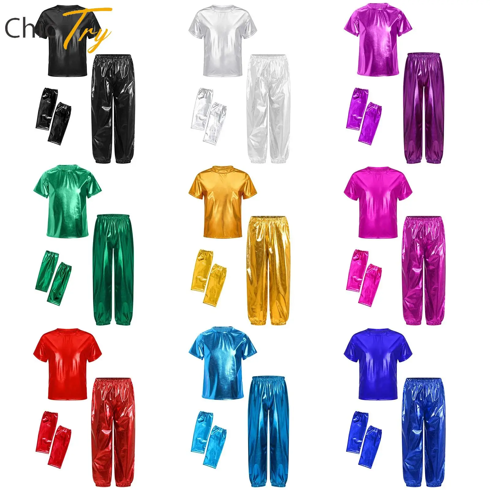

Kids Girls Boys Hip-hop Jazz Dance Costume Outfit Short Sleeve Shiny T-shirt with Pant And Gloves for Birthday Party Performance