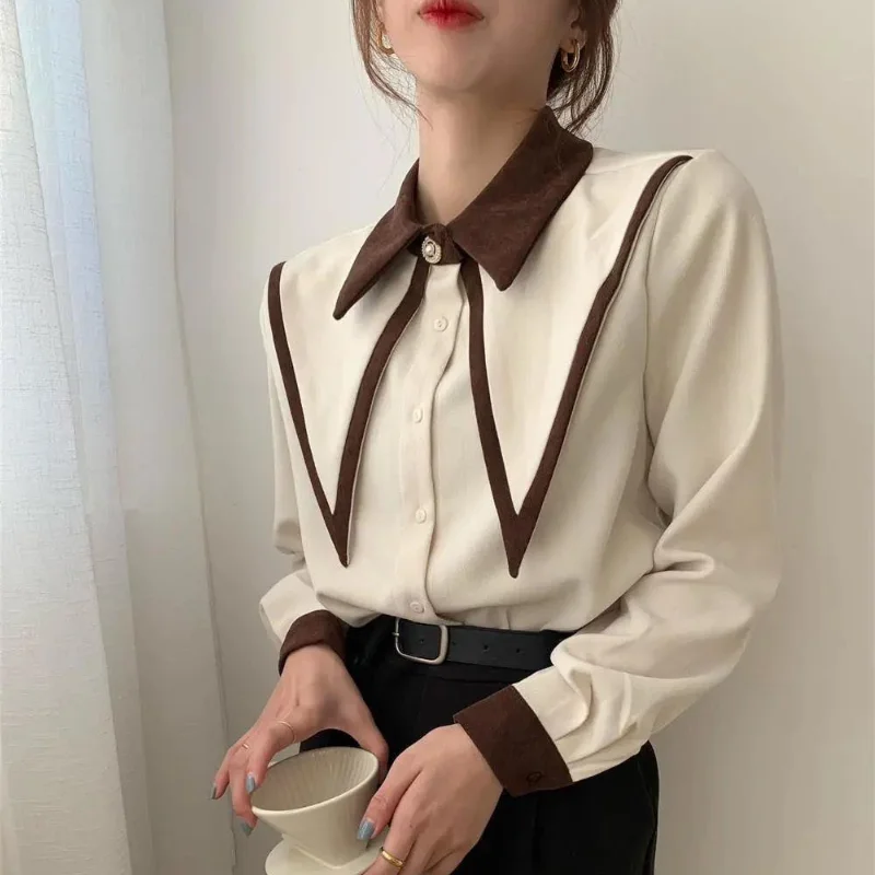 Korean Version Temperament Women\'s Clothing 2023 Autumn and Winter New Splice Button POLO Collar Long Sleeved Solid Color Shirt