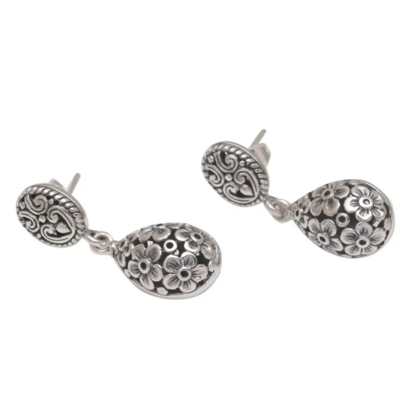 925 Silver Plated Floral Pattern Drop Earrings Metalwork Romantic Flower Sphere Dangle Earrings For Women Girls Lover Valentine\'