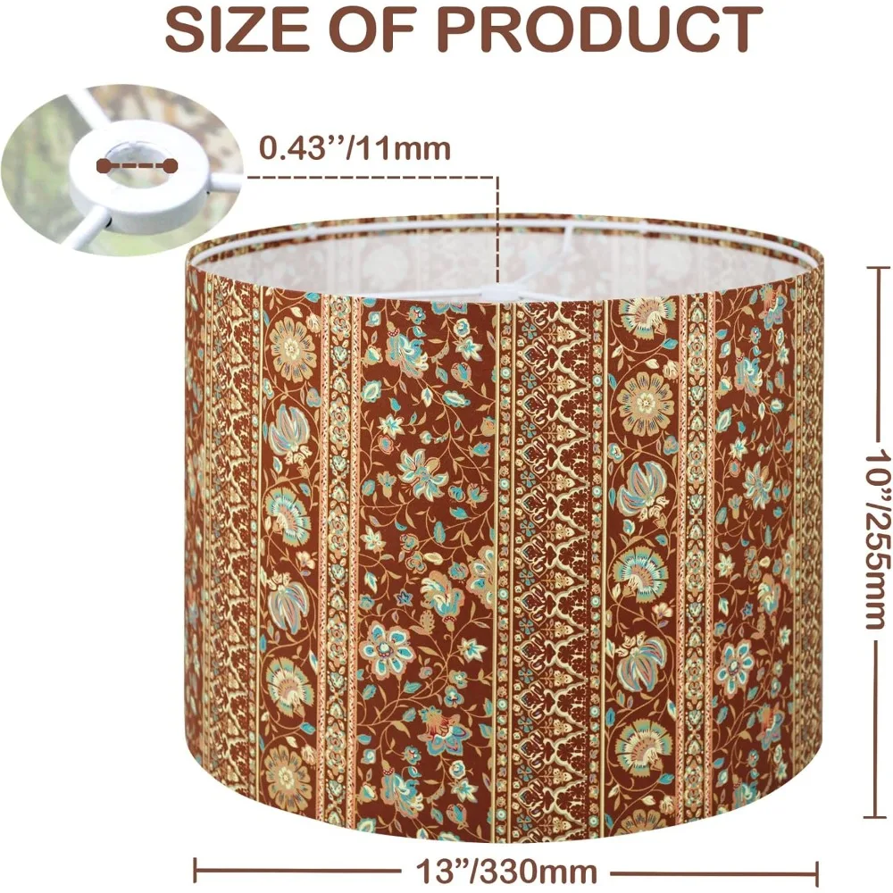 غطاء مصباح الطبل، مخطط بني متوسط مطبوع بوهو كونتري 13x13x10 في أباجورة من نسيج القطن لمصابيح الطاولة ومصابيح الأرضية والأسرة