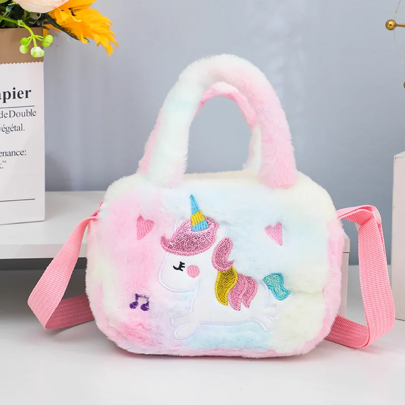 Kids Embroidery Unicorn Plush Toy Crossbody Purses Handbags Little Girls Rainbow Fluffy Purse Cute Cartoon Furry Shoulder Bag