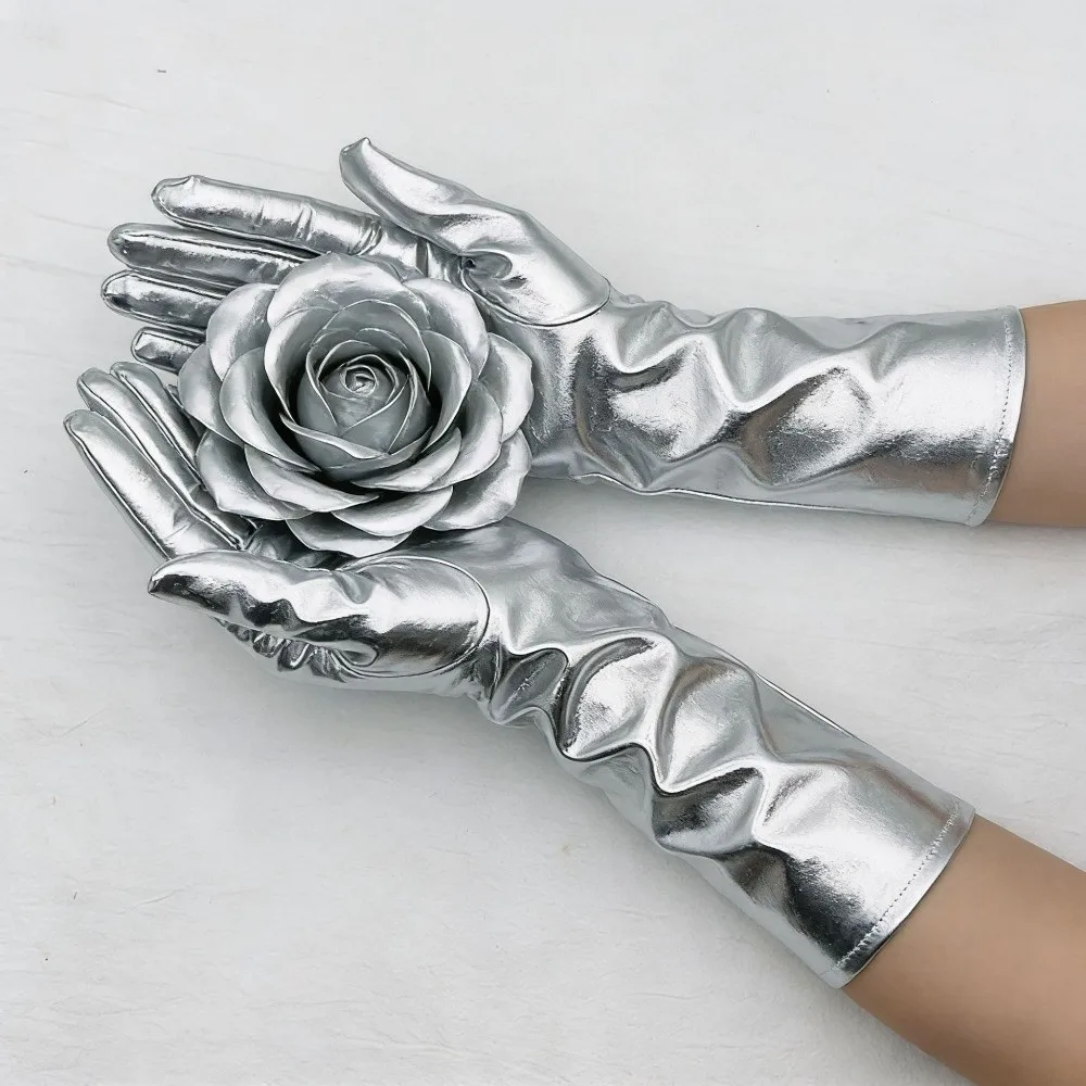Slim Solid Color Patent Leather Gloves Elastic Cloth Long Gloves Lolita Elbow Long Women Mittens Halloween Cosplay