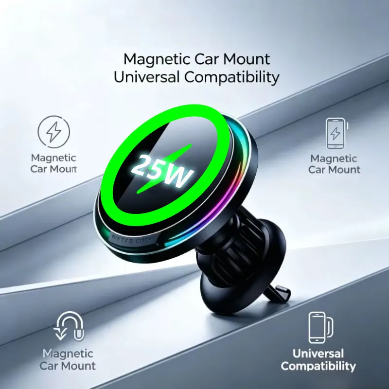 360° Rotate Cooling 25W Magnetic Car Wireless Charger Holder RGB Light Stand For Magsafe iPhone 18 17 Pro Max Samsung S26 Ultra