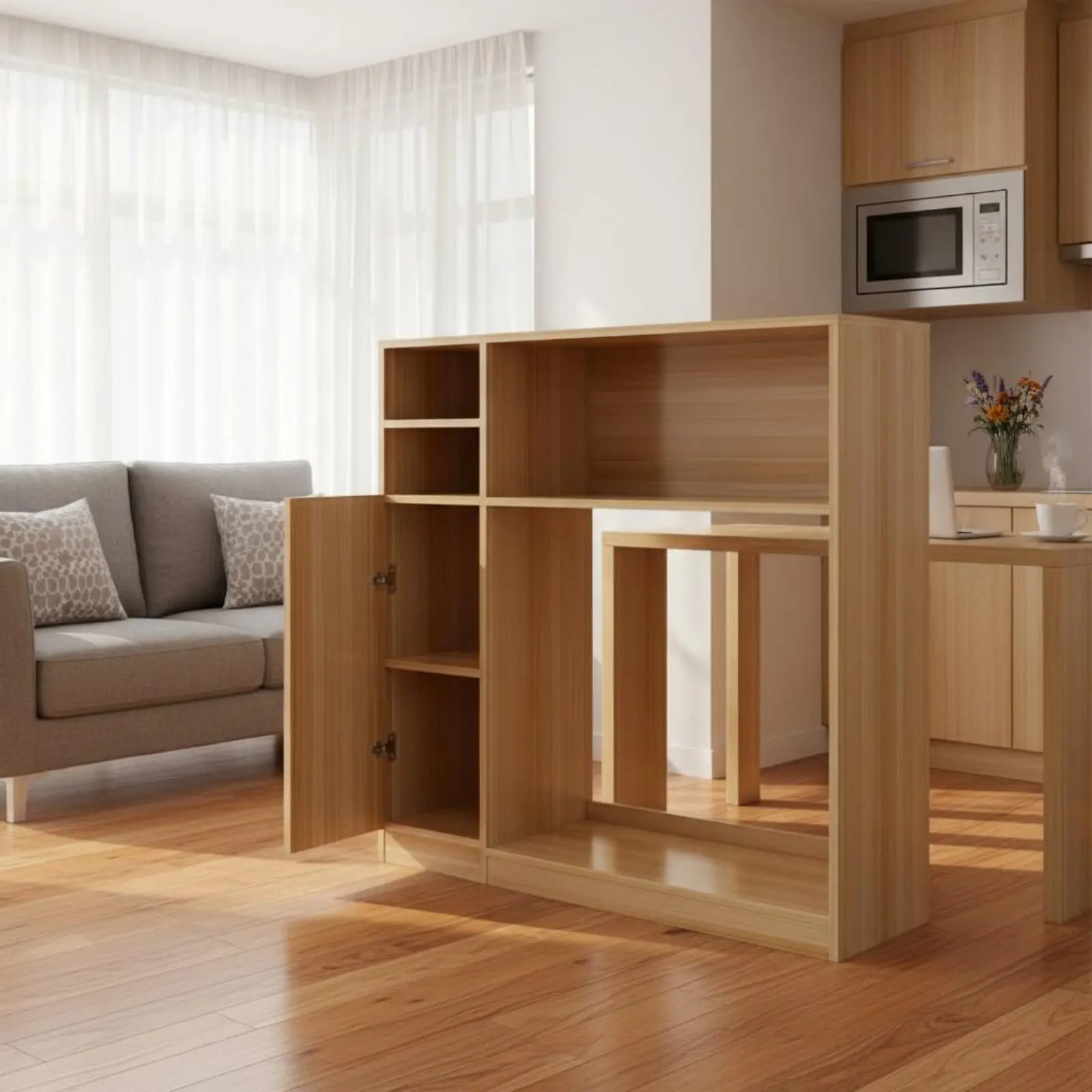 Folding Dining Table Cabinet Combo Built-in Shelving Buffet Table Pliant Wheeled for Small Homes