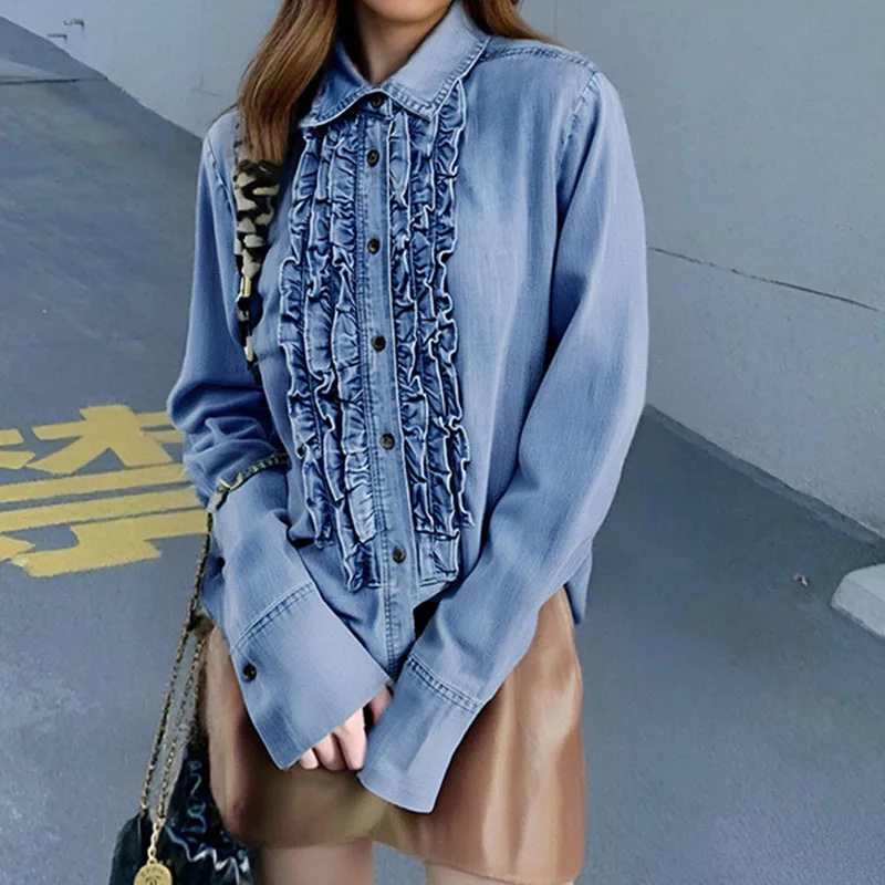 

Европейская кружевная джинсовая рубашка для женщин, модные ретро синие рубашки с лацканами, весенне-осенняя повседневная женская универсальная блузка с длинными рукавами