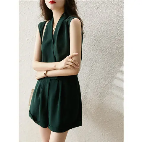 2025 여름 신작 여성 점프 슈트 v 넥 통근 하이 웨이스트 점프 슈트 반바지