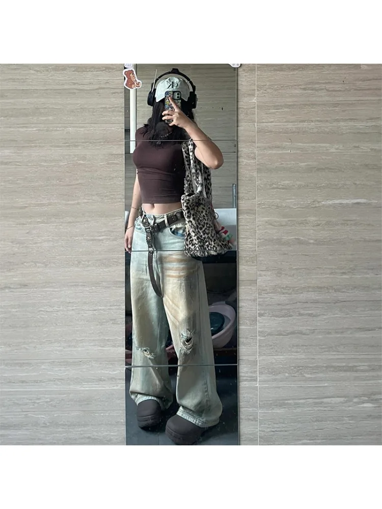 Pantaloni in denim da donna Y2K Distress Eclectic Dritto Grunge Street Jeans retrò a vita alta Pantaloni Emo vintage lavati casual anni 2000