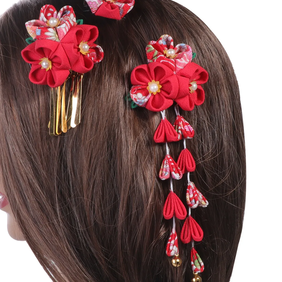 3Pcs Japanese Style Hair Clips Set Exquisite Cloth Flower Barrettes Fashion Hair Decoration for Women Side Back Styling Kimono