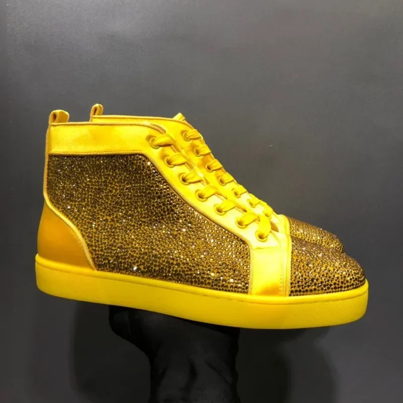 High Top Yellow Suede Leather Diamond Red Bottom Shoes For Men Wedding Crystal Casual Flats Loafers Sneaker Women Driving Spikes