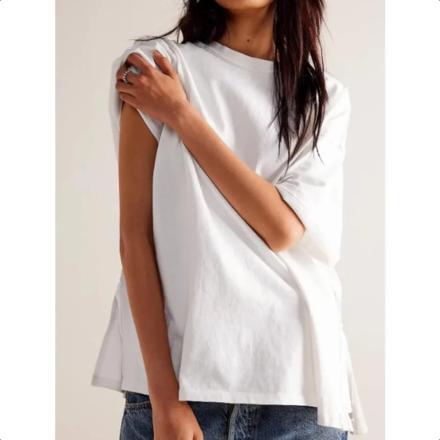 Tankaneo Camisetas de gran tamaño para mujer, pantalón corto informal de verano, manga corta, cuello redondo, camiseta holgada con abertura lateral