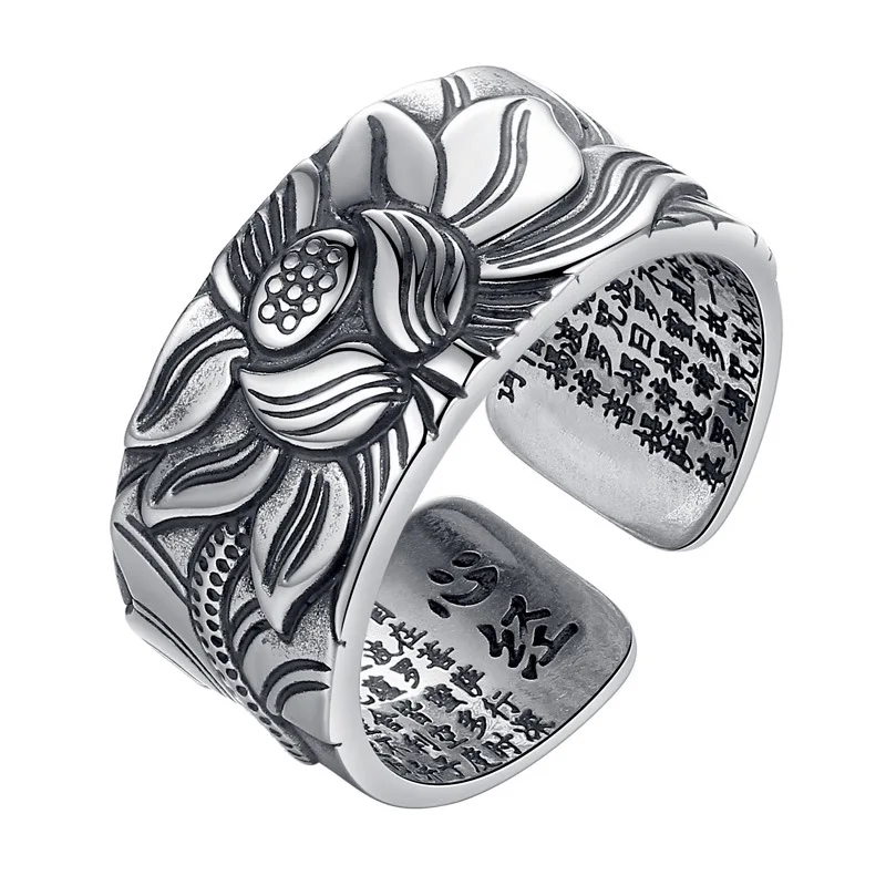 New Lotus Ring Retro Amulet Religious Buddha Lotus Balo Buddhist Sutra Opening Ring Male and Female Protagonist Halo Jewelry