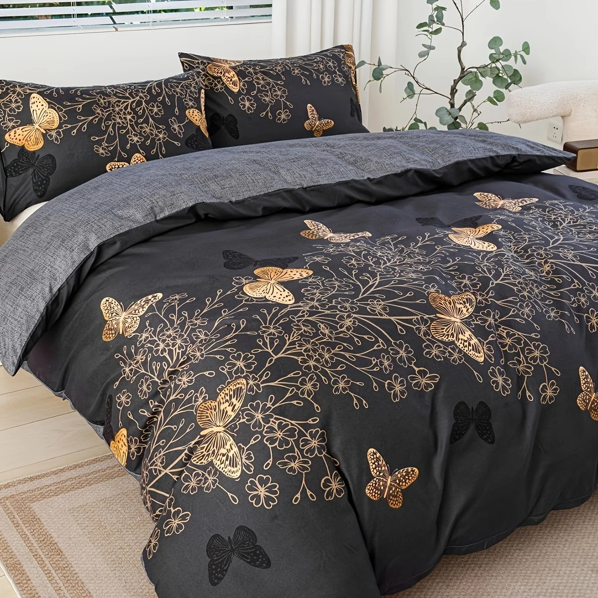 3 pieces (1 quilt cover +2 pillow cores), golden butterfly print suitable for single/double bed in the bedroom as a holiday gift