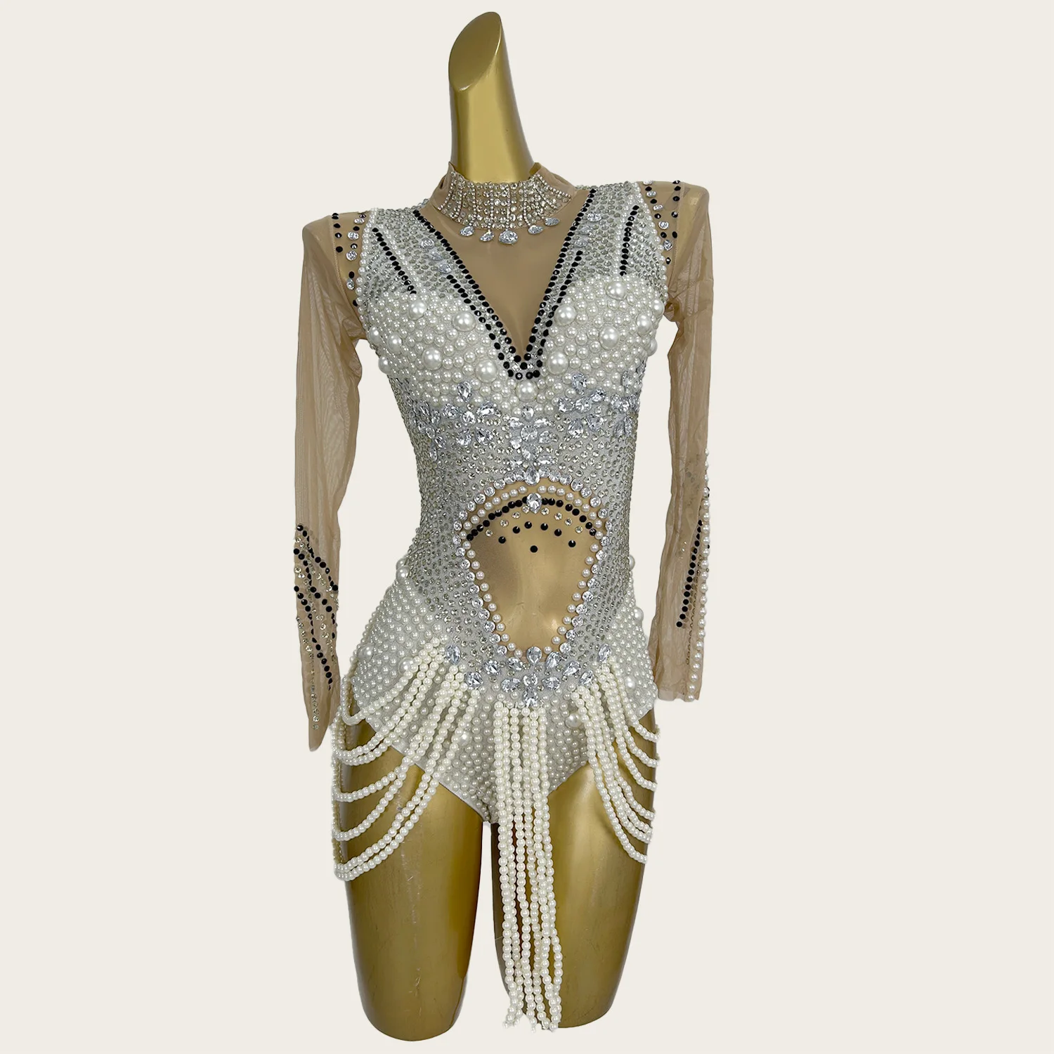 High-end Luxury White Pearls Beading Bodysuit Costume Party Drag Queen Performer Wear Club Dance Women Mesh Catsuit Zhujiang