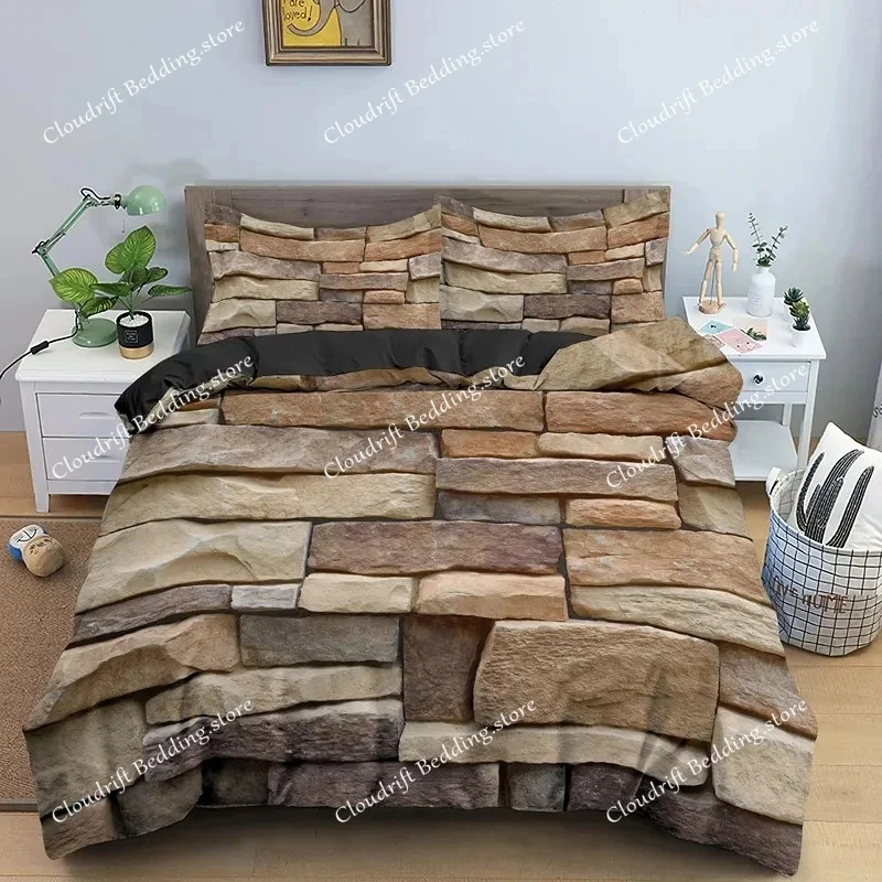 Stone Pattern Bedding Set King Queen Size 3D Bricks Wall Print Duvet Cover Home Textile Zen Stone Polyester Quilt Cover