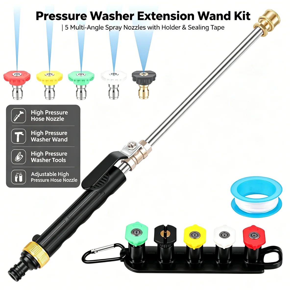 High Pressure Washer Wand Metal Garden Hose Spray Gun with 5 Quick Connect Nozzles Tape Kit for Car Washing Window Roof Cleaning