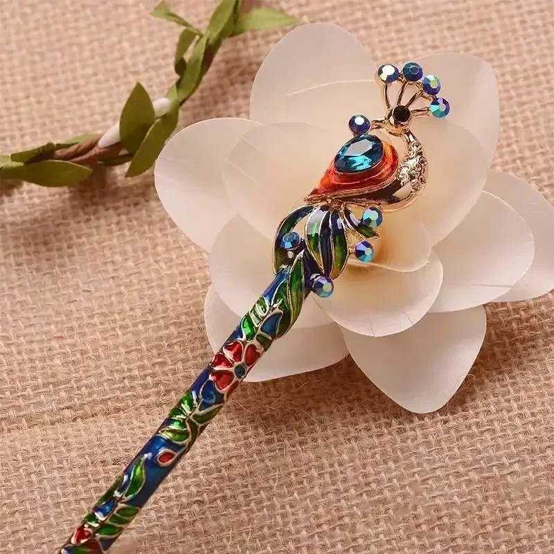 Hair Decoration Accessories Chinese Crystal Peacock Hairpin Retro Enamel Cloisonn Handmade Jewelry Travel Accessories Gifts