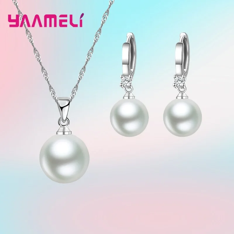 

925 Sterling Silver S925 Jewelry Sets for Wedding Engagment Freshwater Pearl with Cubic Zircon Stone Pendant Necklace Earrings