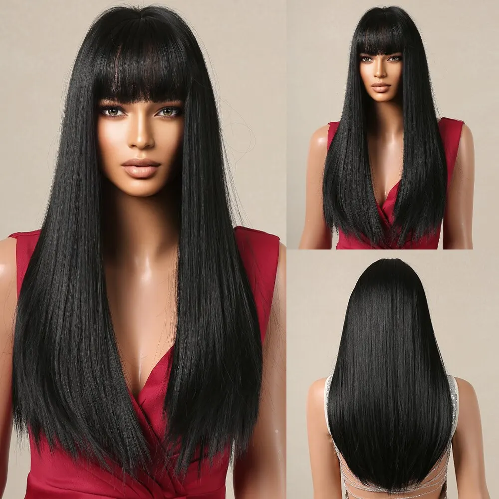 Schwarze Haare lange gerade Perücken für Frauen natürliche Haare synthetische Perücken täglich Cosplay hitze beständig
