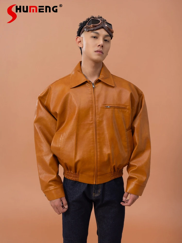

Fashion Zipper Lapel Faux Leather Jackets Pilot Coats Men 2025 Autumn New Loose Glossy Retro Trendy Comfort Faux Leather Jackets