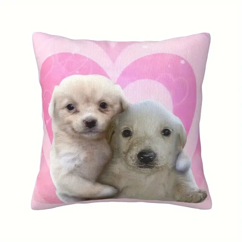 Cute Puppy Pillow Cover Pink Heart Background Two Dogs Cushion Case Polyester Zipper 16x16 Inch Square Living Room Sofa Bedroom