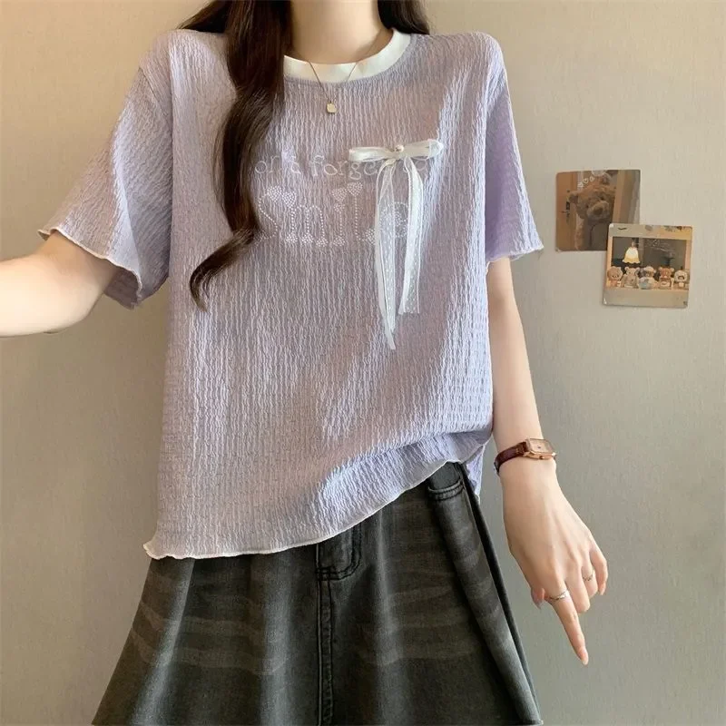 Women's Purple Short Sleeve T Shirt Summer Korean Style Bow Detail Crinkled Casual Blouse Loose Fit