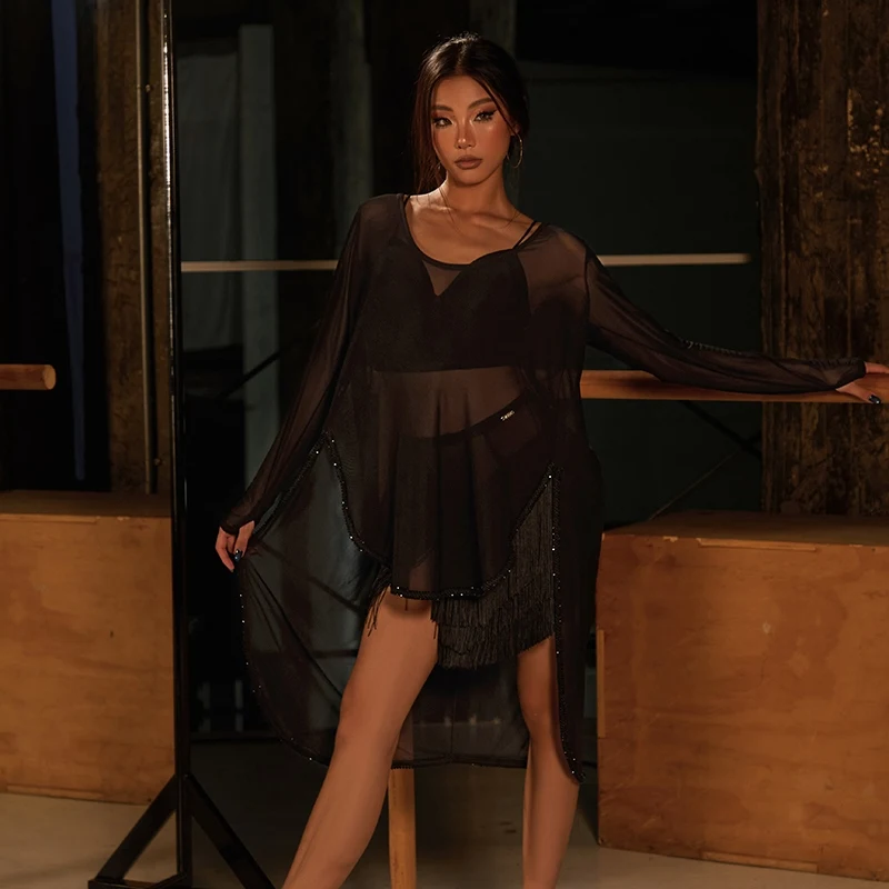 ZYM robe de danse latine ample irrégulière hauts noirs femmes vêtements d'entraînement strass ourlet manches longues Cha Cha vêtements de danse DNV25401