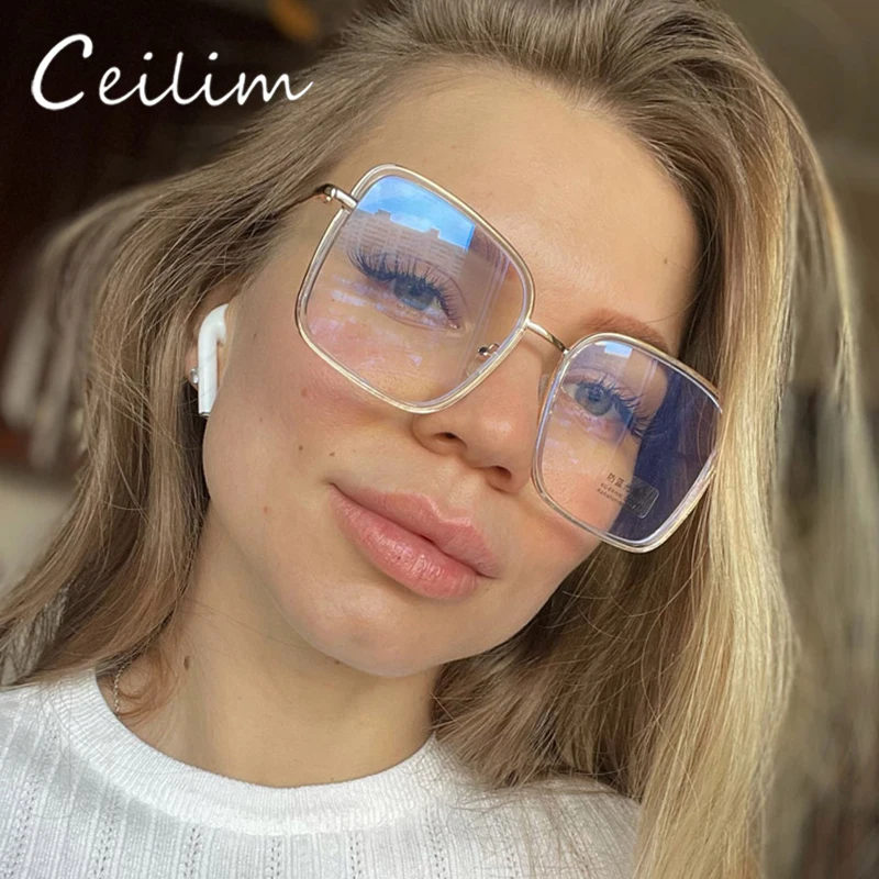 

2024 Trendy Office Anti Blue Light Oversized Clear Glasses Women Computer Gaming Goggles Square Eyeglasses Spectacle Frame