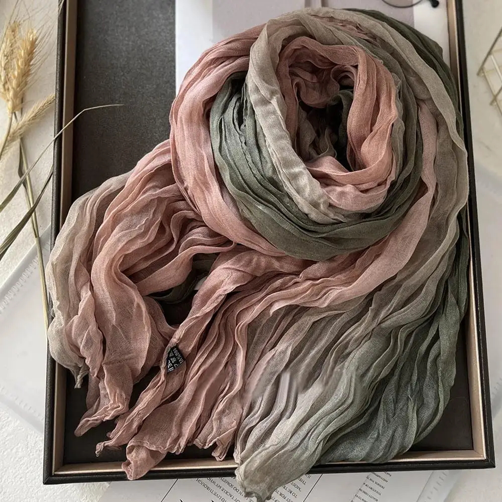

Cotton Linen Scarf Retro Autum Winter Pleated Silk Long Shawls Muslim Crinkle Hijab Headscarf Gradient Color Crumpled Scarves