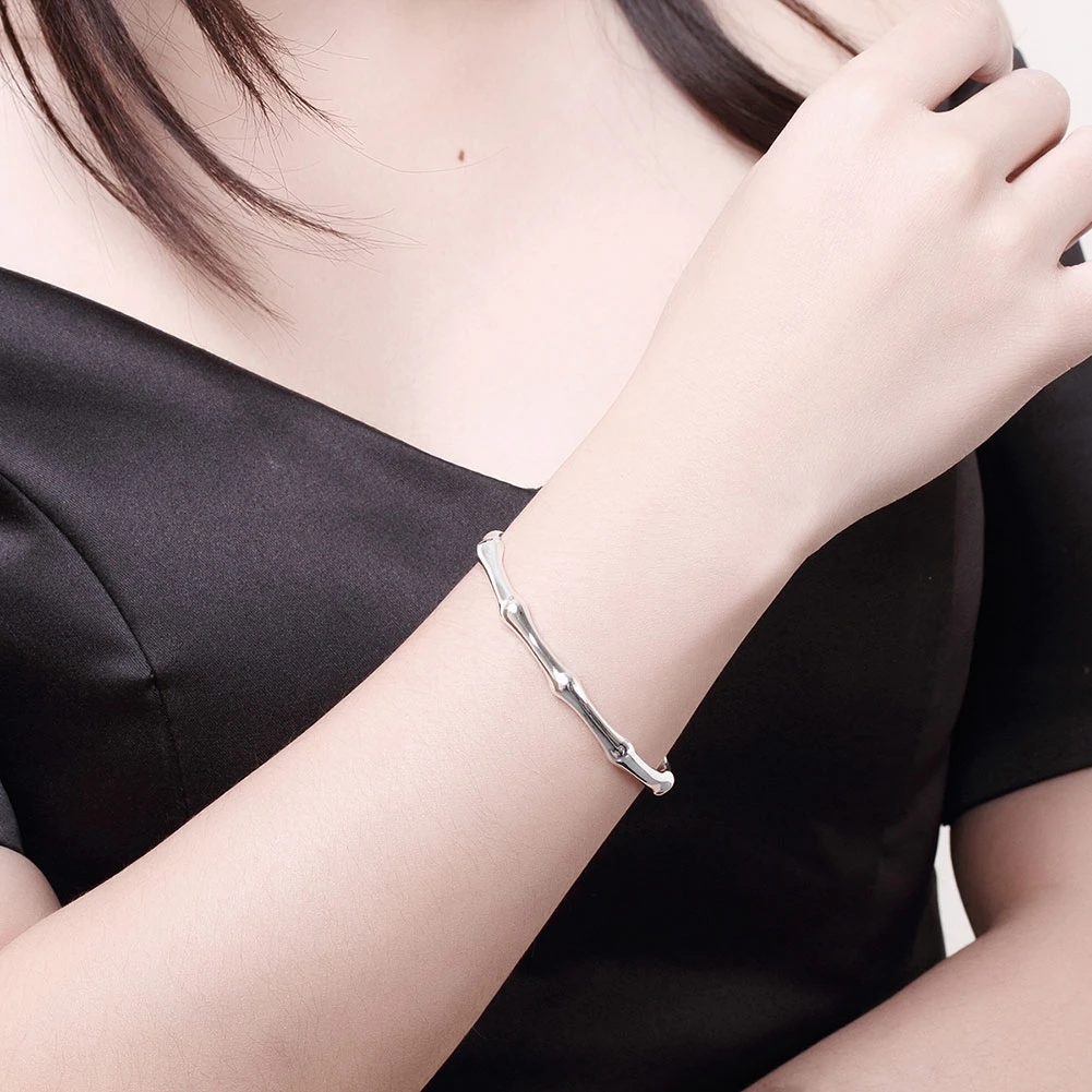 Gelang perak Sterling 925 untuk wanita, Gelang bangle kombinasi bambu elegan dengan perhiasan yang dapat disesuaikan, gelang pesta hadiah untuk pelajar perempuan