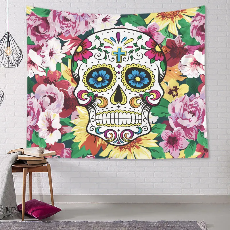 VIKAMA Sugar Skull Peony Flower Tapestry Wall Hanging Mexican Folk Art Floral Colorful Aesthetic Wall Art Dorm Bedroom Decor