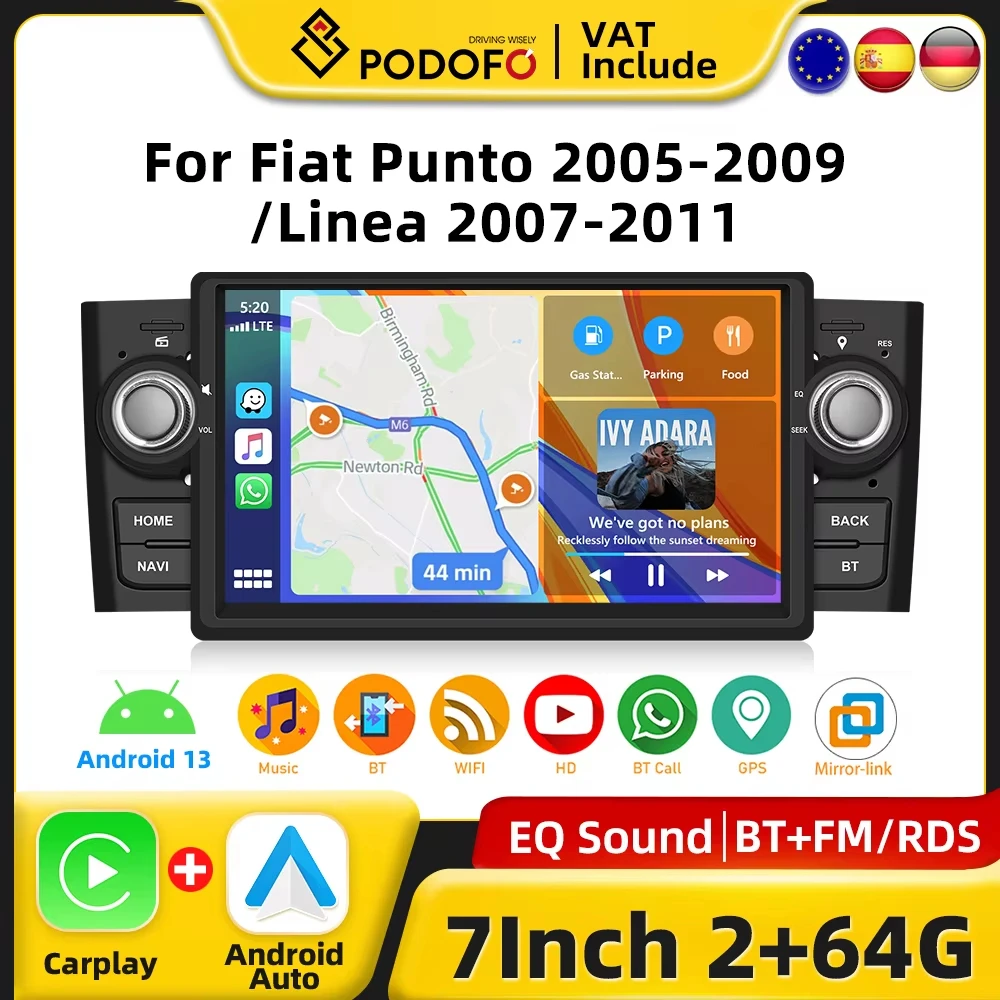 Podofo CarPlay Android Autoradio per Fiat Punto 2005-2009 Linea 2007-2011 Sistema intelligente per auto 2DIN Ricevitore stereo GPG Autoradio Unità principale WiFI Lettore multimediale per auto