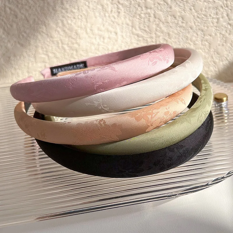 

Chinese Style Vintage Flower Embroided Satin Hairband Women Thin Plain Headband Solid Non-slip Headwrap Elegant Hair Accessories