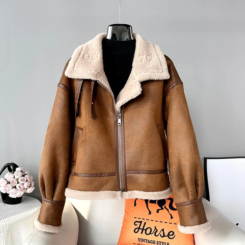 

JT440 Hot Sale 2023 New Female Winter Thickened Motorcycle Lamb's Wool Sheep Shearling Warm Short Jacket