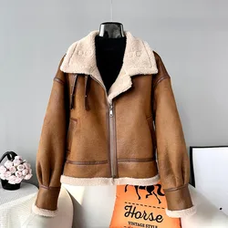 JT440 Hot Sale 2024 New  Female Winter Thickened Motorcycle Lamb's Wool Sheep Shearling Warm Short Jacket