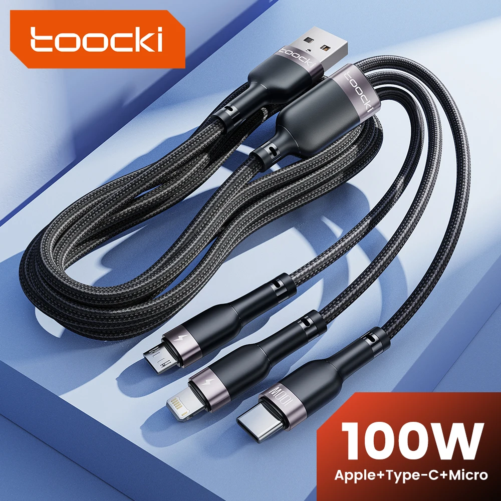 Toocki 3-in-1-USB-Kabel zu Micro-USB Typ C Lightning 100 W Schnellladekabel für iPhone 14 13 12 Pro Max Samsung Xiaomi Huawei