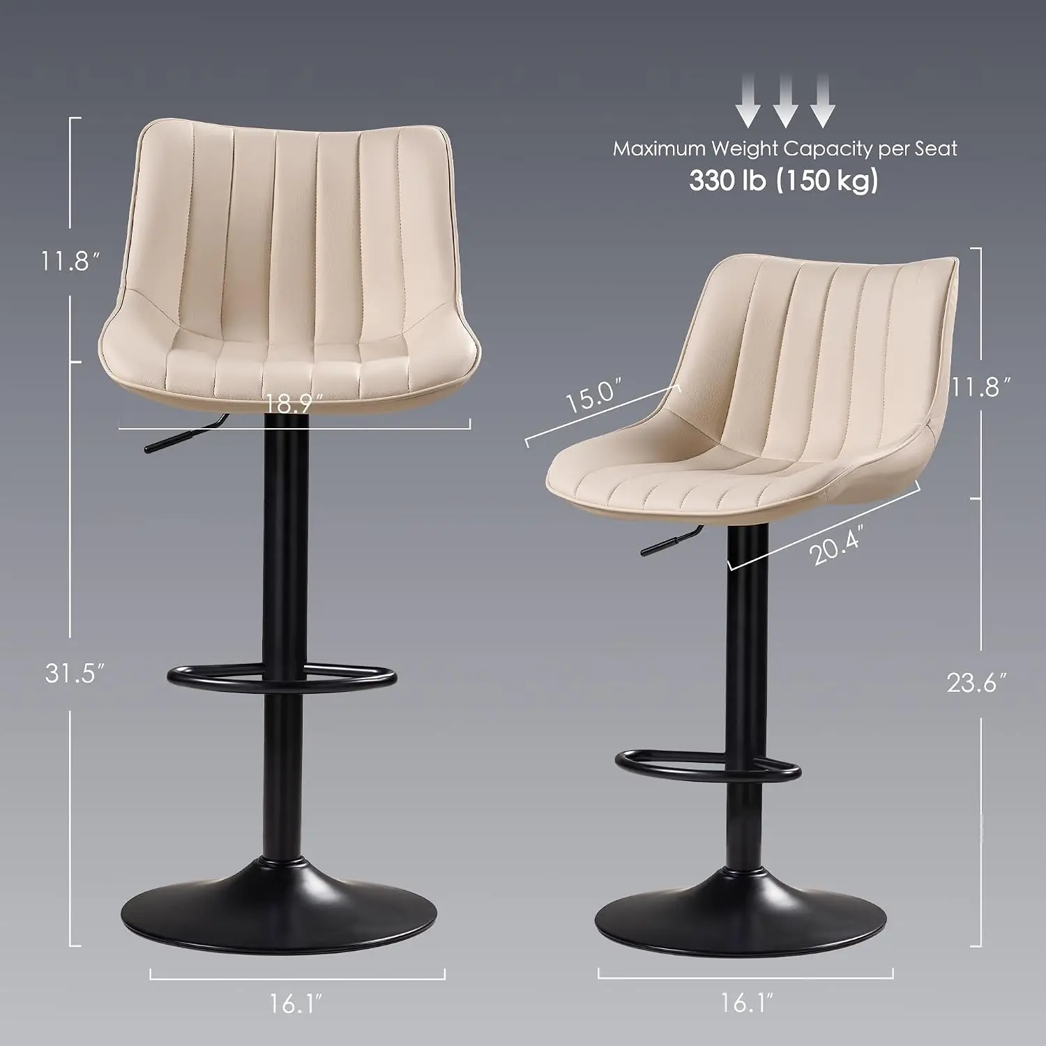 Swivel Bar Stools 3pcs, Adjustable PU Leather Counter Height Chair with Back & Footrest, Armless Kitchen Island Stool, Ivory, Cu