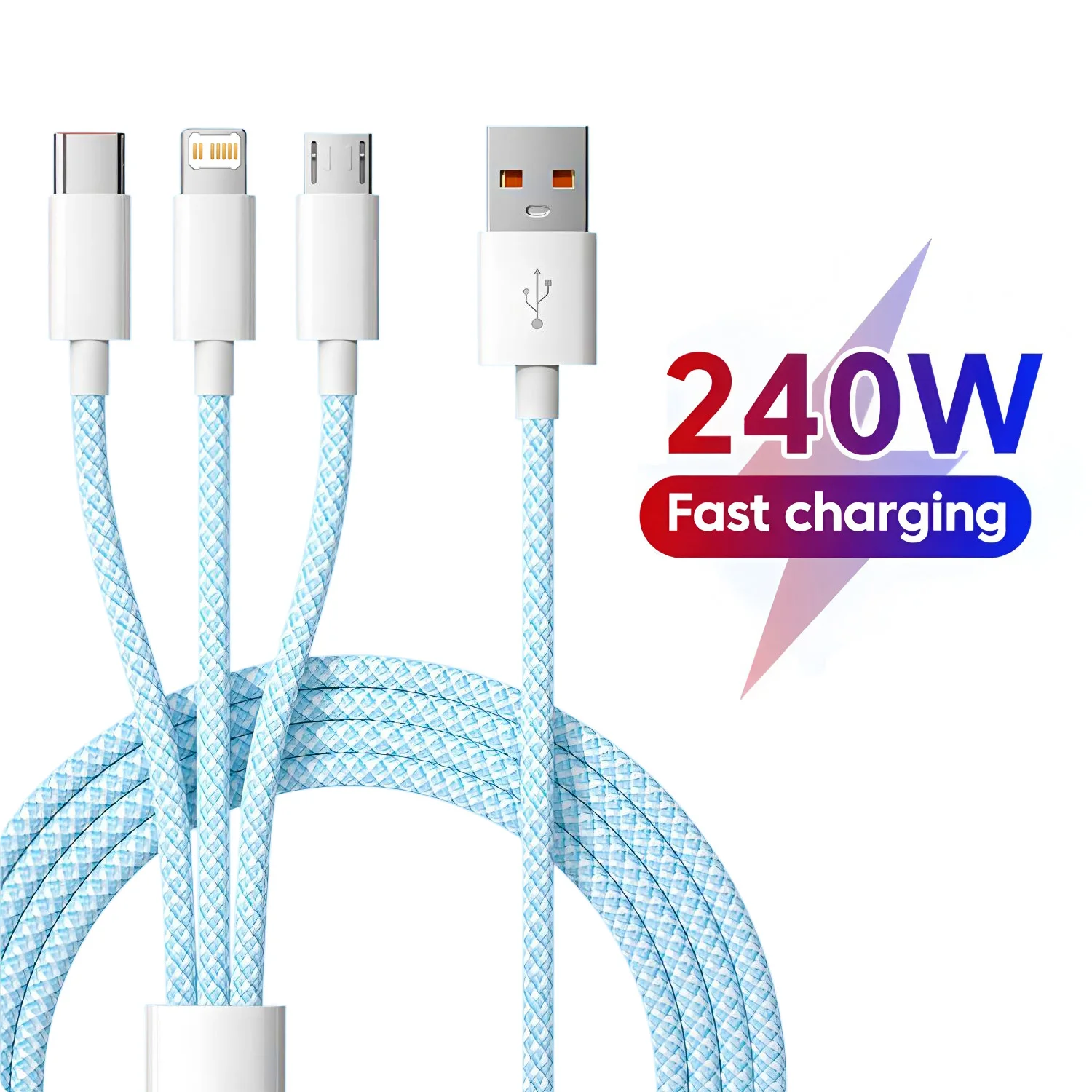 240W Fast Charging Cable Multi Charger Cable Nylon Braided Multiple USB Universal 3 in 1 Charging Cord Adapter with Type-C Micro