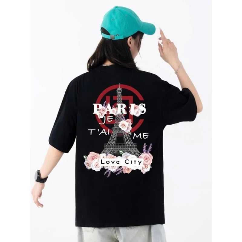 

Eiffel Tower Trendy Brand Letter Printing T-shirt Men and Women Loose Short-sleeved T-shirt Couples Casual Wear Cotton Top Y2k
