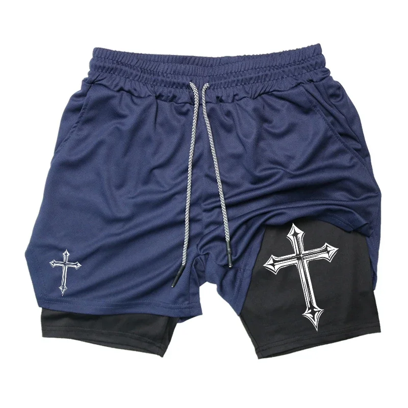 Cross Print 2-in-1 workout-hardloopshort voor heren Christian Gym atletische shorts met compressievoering Telefoonzak Handdoeklus