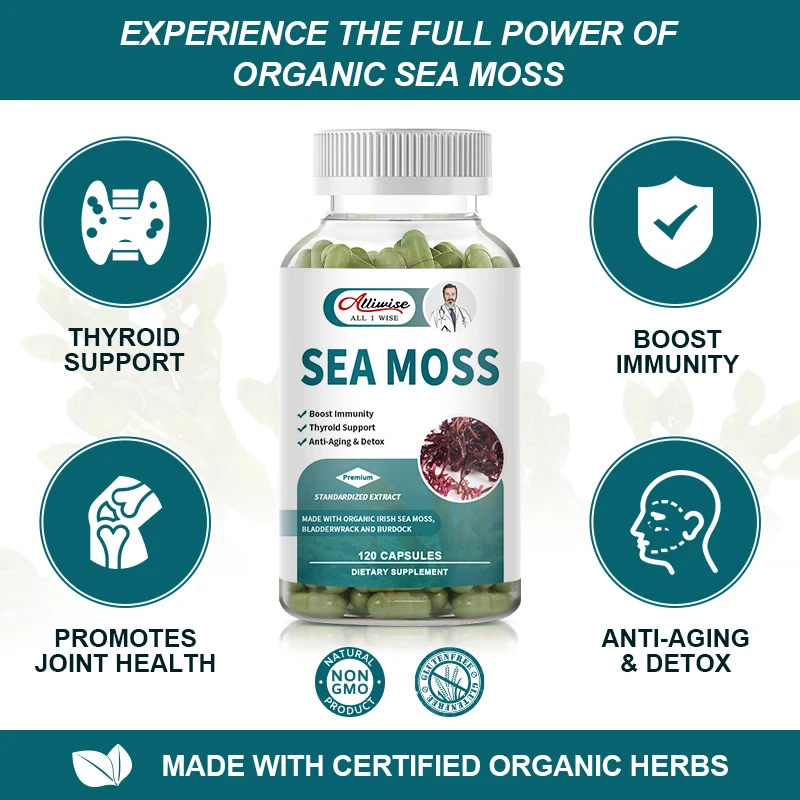 Alliwise Organic Sea Moss Capsules  Immune System Supplements Joint Health Flexibility Skin Nails and Thyroid Health