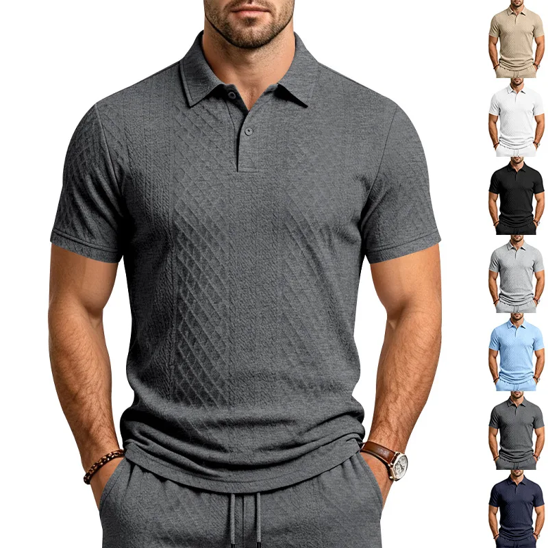 Men Solid Rhombus Jacquard Textured Polo Shirt Lapel Collar Button Placket Casual Golf Short Sleeve Top