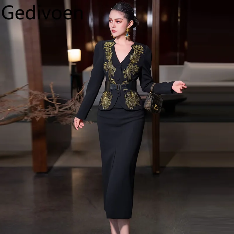 Gedivoen Autumn Winter Elegant office and Business Suit V-Neck Lace-Up Embroidery Top+Pretty Slim-Fit Hip Wrap skirt 2 piece set