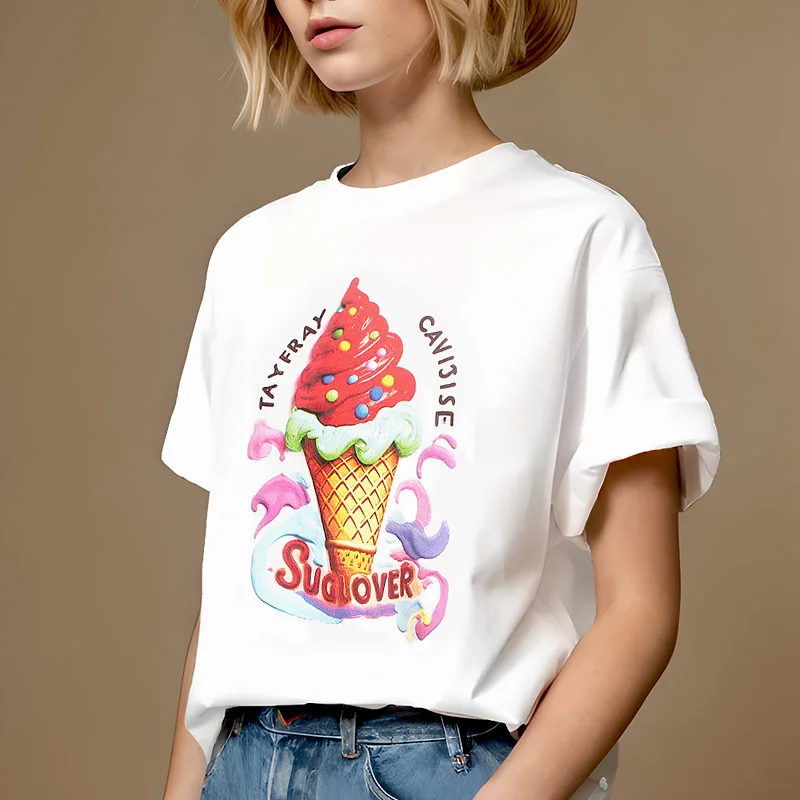 Chun yu yin jia Designer luxury brand Pattern 3D Icecream Print Short sleeve tee T-shirt for woman white Women clothing Top