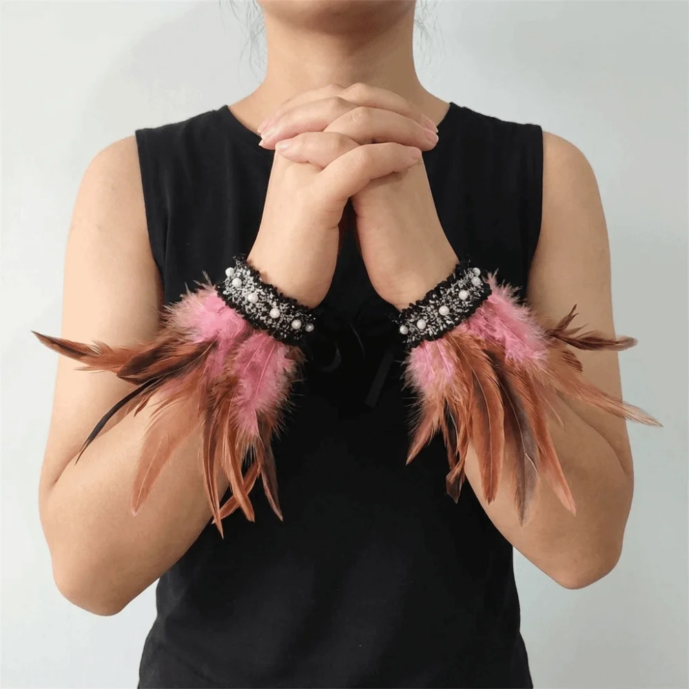 Elegant Lace Feather Wrist Cuffs Adjustable Lightweight Halloween Arm Cuff Pearl Gloves Wristband Themed Party