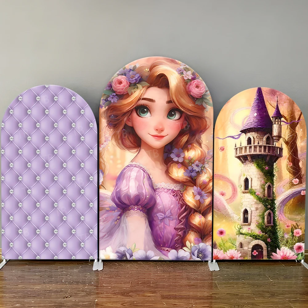 

Disney Princess Rapunzel Arch Backdrop Cover Girls Birthday Party Decor Baby Shower Purple Photography Background Elastic Fabric