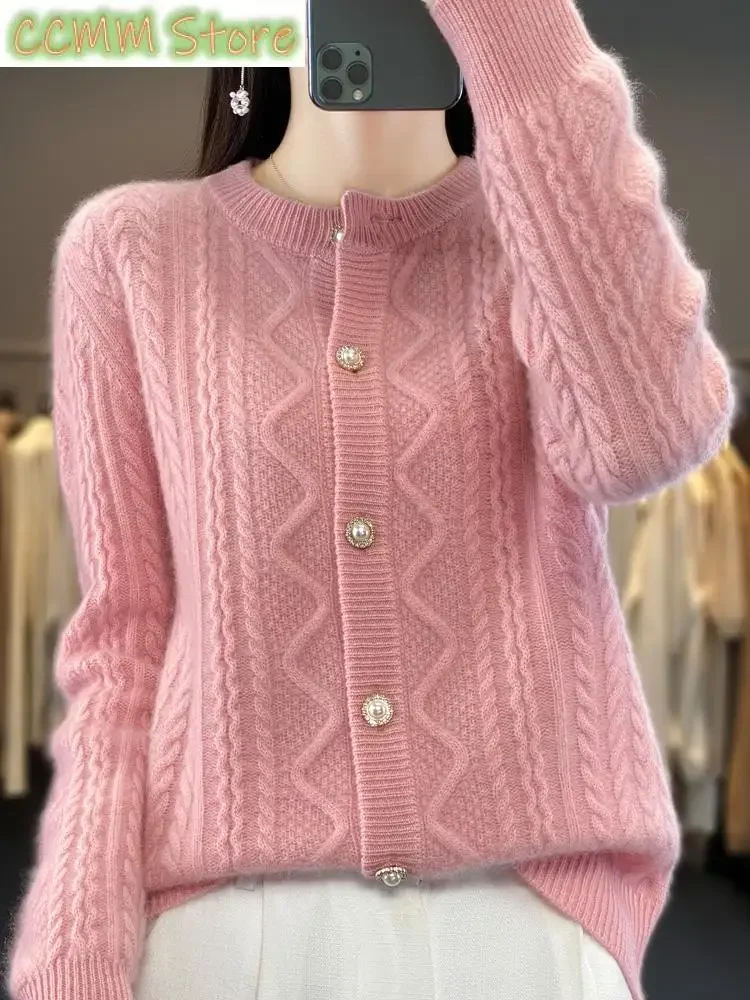

New Chic Twist Flower Women Sweater Long Sleeve O-neck Cardigan Merino Wool Soft Warm Cashmere Knitwear Korean Fashion Tops