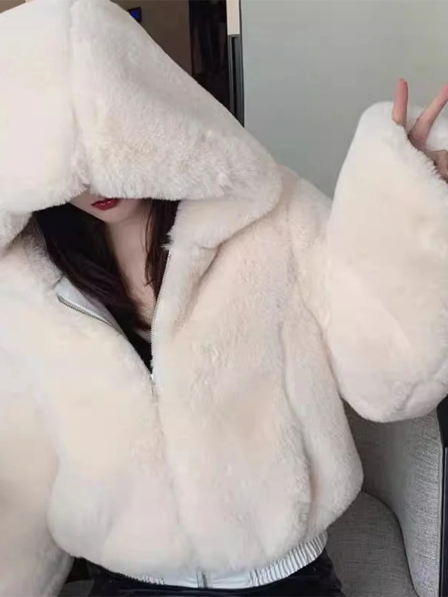 Women's ort Rabbit Fur Jaet Thiened Cotton Coat Hooded Sweatirt Autumn Winter Faion Outerwear Stand Fit Zipper C...