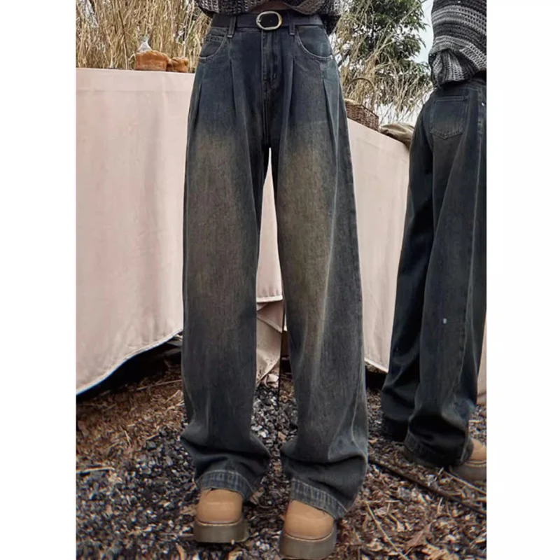 Woman High Waist Loose Wide Leg Pants Female Straight Leg Jeans Girls Fashion retro blue khaki gray light Blue Denim Trousers